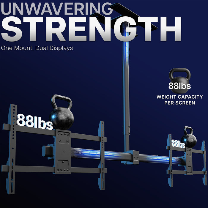 Side-by-Side Dual TV Ceiling Mount measurements showing kettlebells and text 'Unwavering Strength' on a dark background