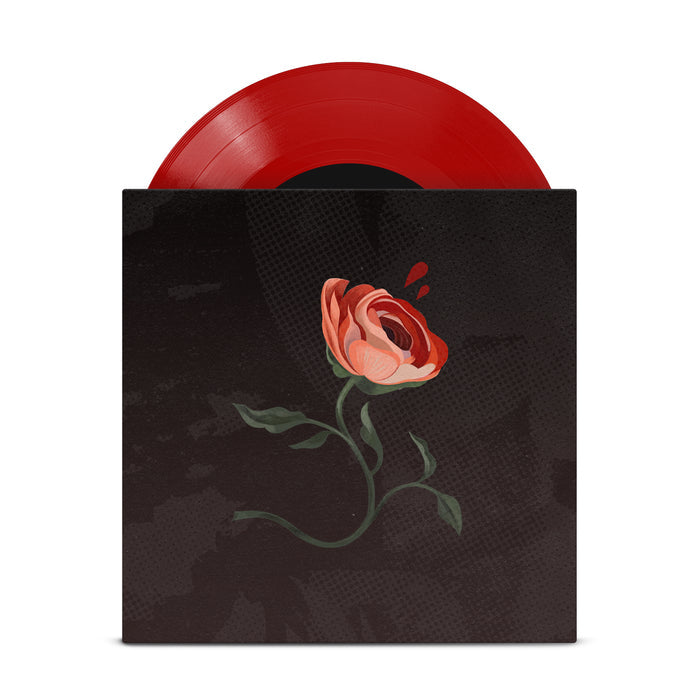 A red opaque vinyl LP peeking out of a jacket. The artwork on the jacket is mix of light and dark grays with a large rose in the center of the art. The stem of the rose is curved in an S shape. There are 2 drops of blood coming out of the center bulb of the rose.