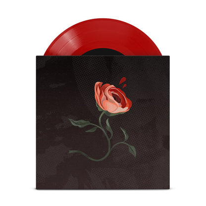 A red opaque vinyl LP peeking out of a jacket. The artwork on the jacket is mix of light and dark grays with a large rose in the center of the art. The stem of the rose is curved in an S shape. There are 2 drops of blood coming out of the center bulb of the rose.