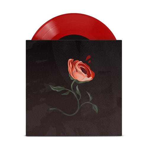 A red opaque vinyl LP peeking out of a jacket. The artwork on the jacket is mix of light and dark grays with a large rose in the center of the art. The stem of the rose is curved in an S shape. There are 2 drops of blood coming out of the center bulb of the rose.