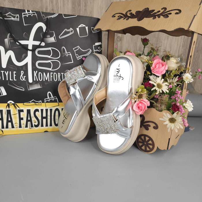 Silver Comfy Wedge Slippers Maha Fashions
