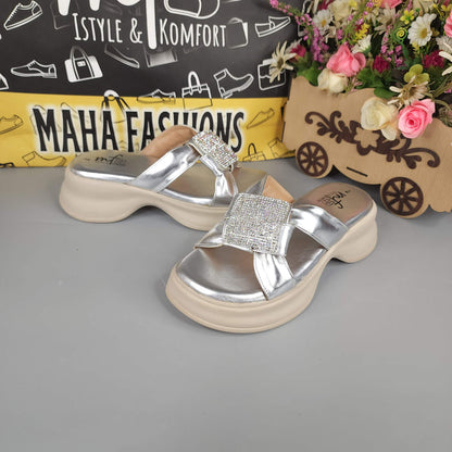 Silver Comfy Wedge Slippers Maha Fashions