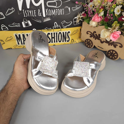 Silver Comfy Wedge Slippers Maha Fashions