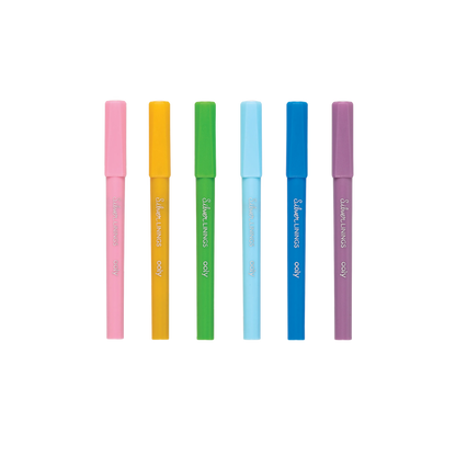 Six OOLY Silver Linings Outline Markers in a row and capped with a white background