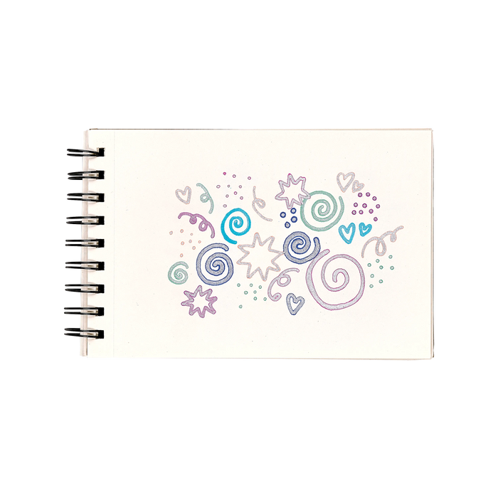 White sketchbook with colorful swirls and hearts made with OOLY Silver Linings Outline Markers on a white background