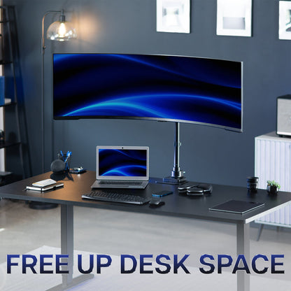 Modern office desk setup with an ultrawide monitor mounted
