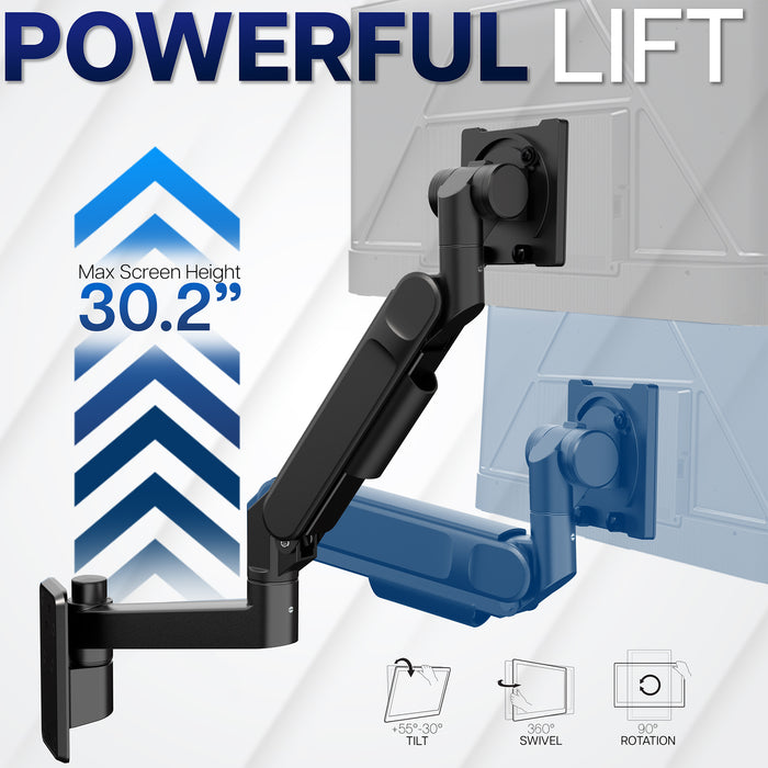 Black monitor arm with text indicating 'Powerful Lift' and 'Max Screen Height 30.2”'.