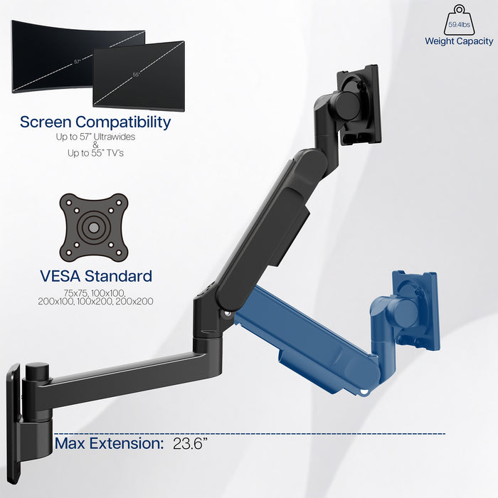 Black monitor wall mount with specifications on screen compatibility and VESA standard on a white background