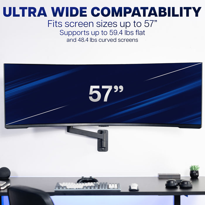 Ultra wide monitor on a stand with text about screen compatibility and weight support.