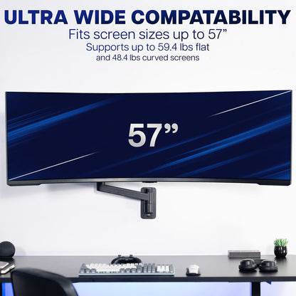 Ultra wide monitor on a stand with text about screen compatibility and weight support.