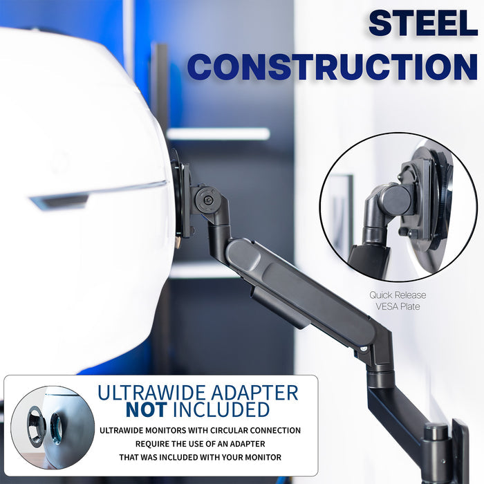 Ultrawide monitor mount with steel construction and quick release VESA plate feature, ultrawide adapter not included.