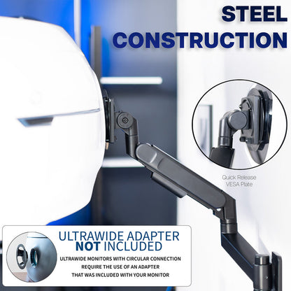 Ultrawide monitor mount with steel construction and quick release VESA plate feature, ultrawide adapter not included.