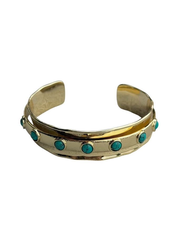 Chunky gold Sirens Cove Bangle bracelet with turquoise stones for effortless everyday wear