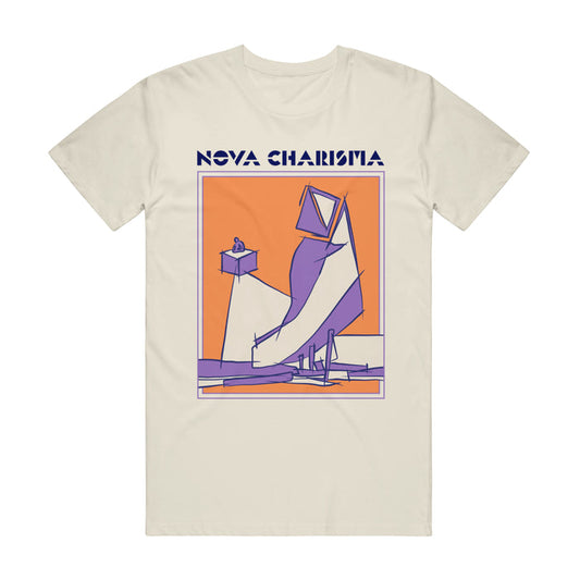 A cream colored short sleeve T-shirt has a picture of white and purple geometric shapes over an orange background. The words "Nova Charisma" in navy are at the top of the shirt.