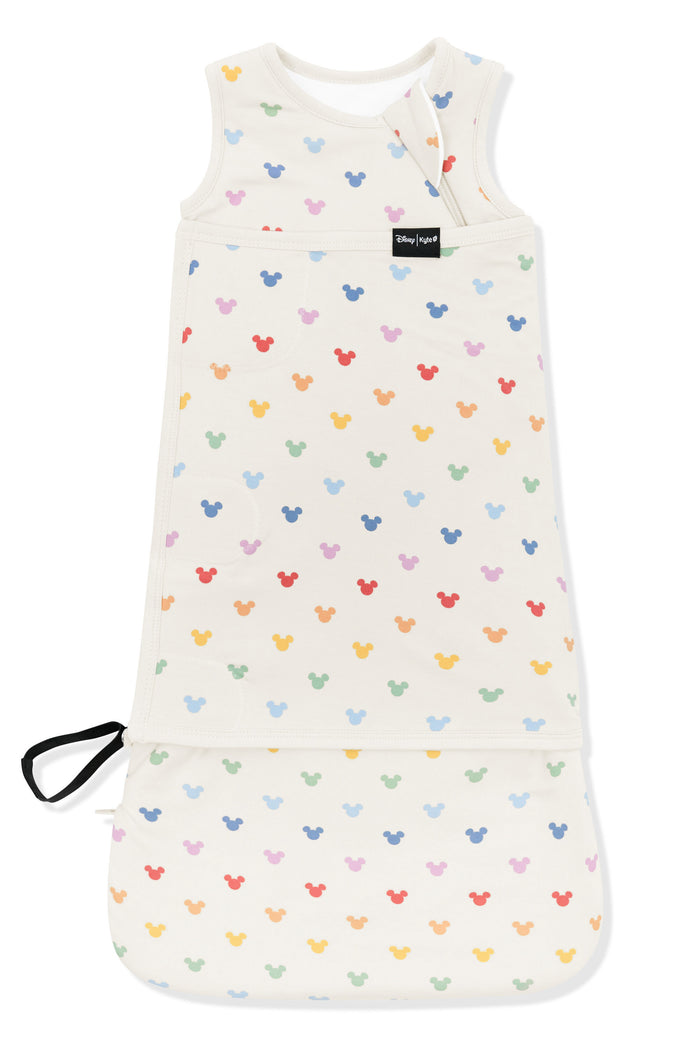 Sleep Bag Swaddler with Pastel Mickey Mouse pattern on an oat background