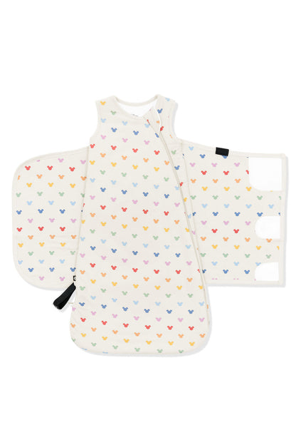 Front of Sleep Bag Swaddler in Pastel Mickey Mouse pattern on an oat background