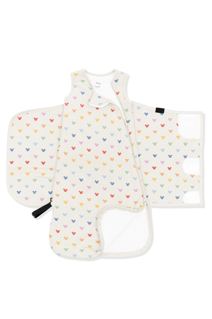Zipper of Sleep Bag Swaddler in Pastel Mickey Mouse pattern on an oat background