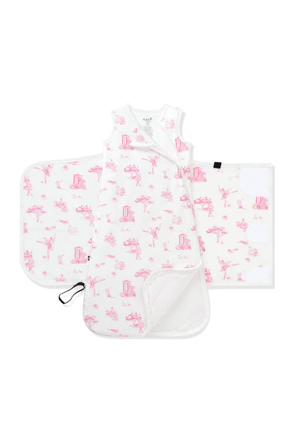 The double zipper shown on an unswaddled Sleep Bag Swaddler in Toile Ballet 1.0