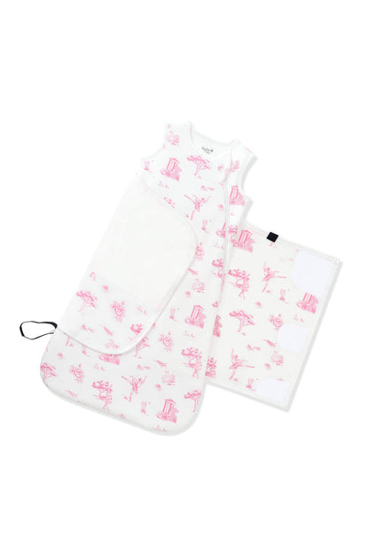 The adjustable velcro on the swaddle wrap shown on the Sleep Bag Swaddler in Toile Ballet 1.0