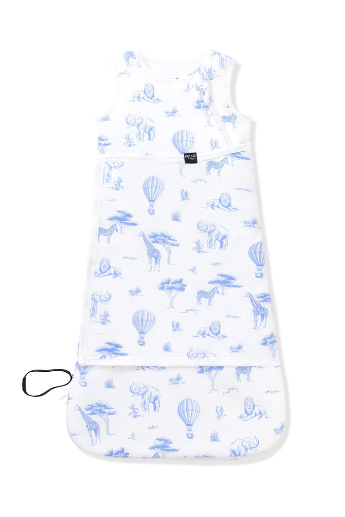 Sleep Bag Swaddler in Toile Safari 1.0 shown swaddled