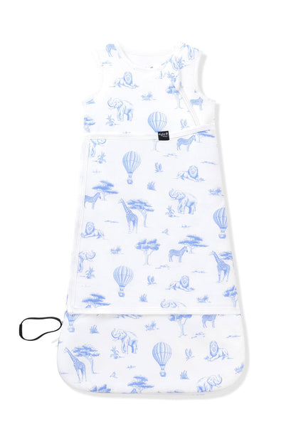 Sleep Bag Swaddler in Toile Safari 1.0 shown swaddled