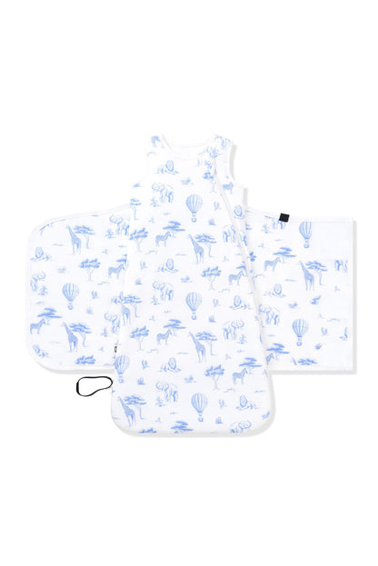 Sleep Bag Swaddler in Toile Safari 1.0 shown unswaddled