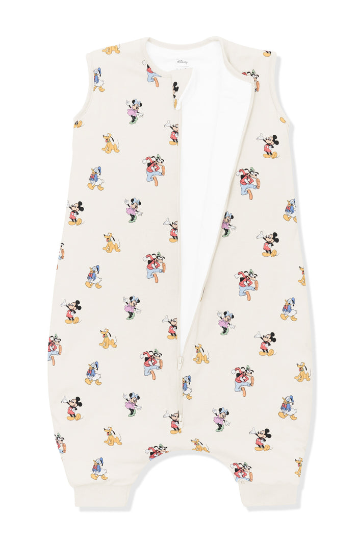Front zipper of Sleep Bag Walker in Mickey Mouse and Friends print on an oat background