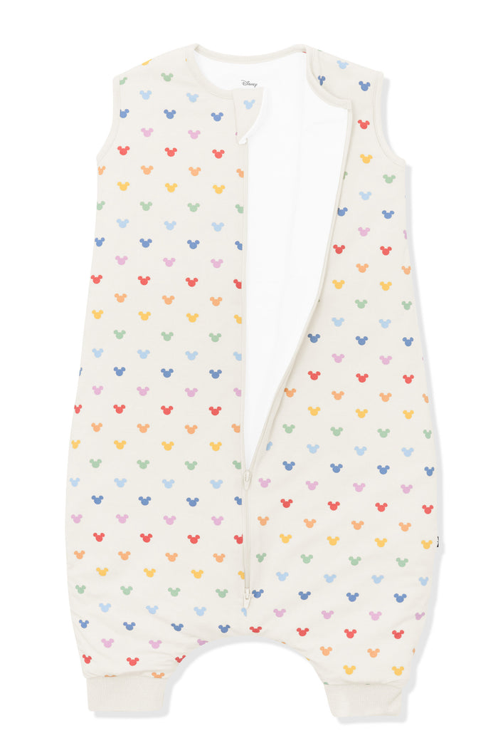 Front zipper of Sleep Bag Walker in Pastel Mickey Mouse pattern on an oat background