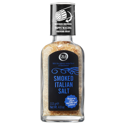 A glass bottle of smoked Italian salt with a grinder cap, labeled and including product information.