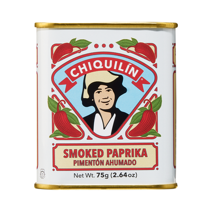 A can of Chiquilin Smoked Paprika with a graphic of a man and paprika peppers on the label, indicating the product is a spice.