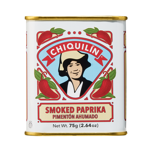 A can of Chiquilin Smoked Paprika with a graphic of a man and paprika peppers on the label, indicating the product is a spice.