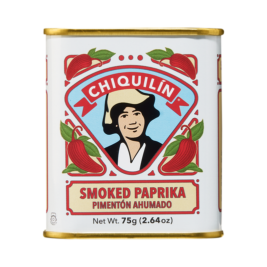 A can of Chiquilin Smoked Paprika with a graphic of a man and paprika peppers on the label, indicating the product is a spice.