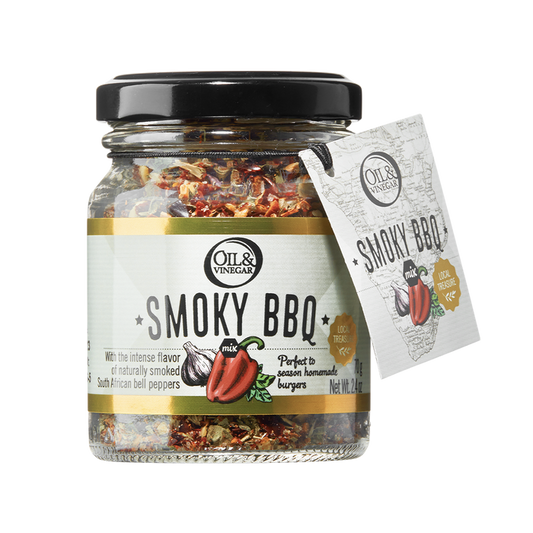 A jar of Smoky BBQ herb mix with a label showing the product name and a picture of a pepper, indicating the flavor. A card next to the jar displays additional information.