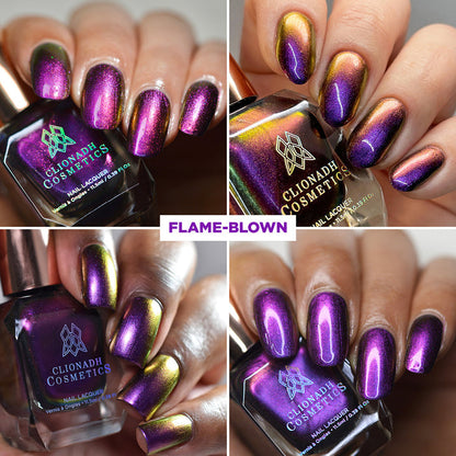 Collage of close up shots of nails done with Flame-Blown nail lacquer on various skin tones.