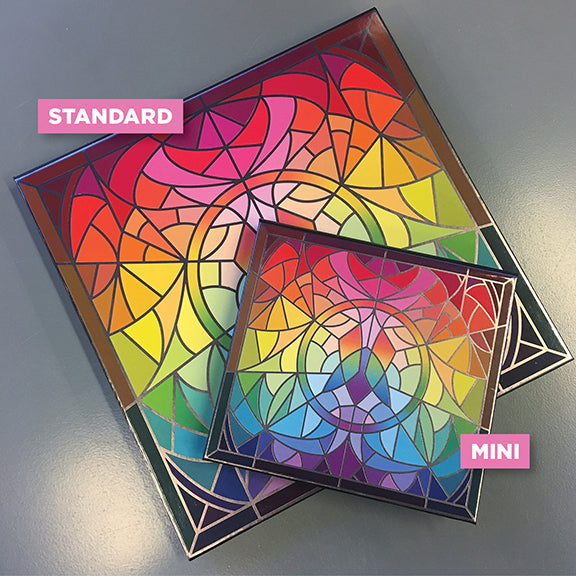 Top angled Mini Stained Glass Magnetic Palette overtop Standard Stained Glass Magnetic Palette