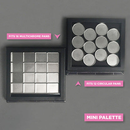 Top angled two Mini Stained Glass Magnetic Palettes showing one fitting 16 Multichrome pans, the other fitting 12 circular pans