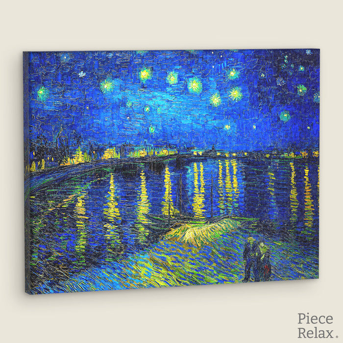 Gazing at the starry sky along the riverbank, feeling the inner peace that nature bestows upon us, with Van Gogh's artwork Starry Night Over the Rhone, in the PieceRelax canvas puzzle. You’ll Always Get There with PieceRelax.
