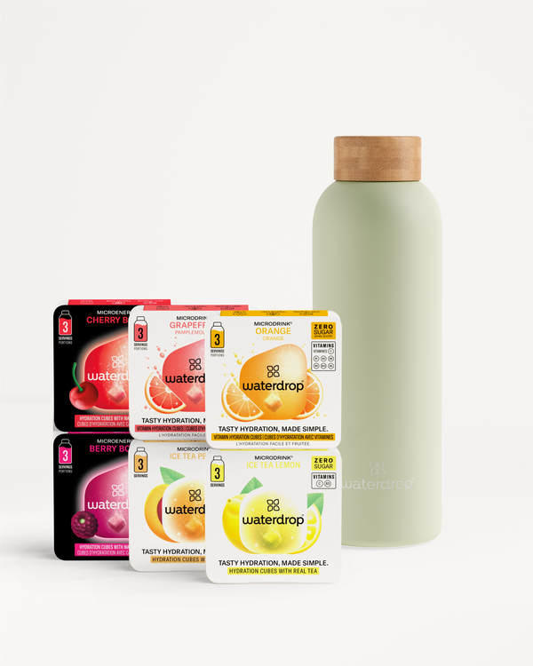 Starter Set Thermo Steel with five Waterdrop hydration cube flavors.