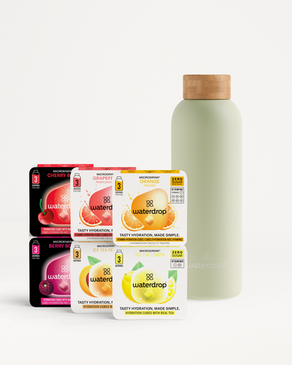 Starter Set Thermo Steel with five Waterdrop hydration cube flavors.