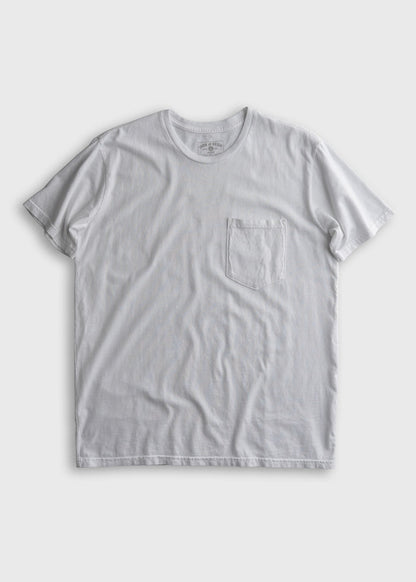 White T-shirt with a chest pocket on a plain background, showcasing simple design and casual style.