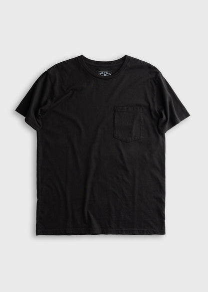 Black T-shirt with a chest pocket, displayed on a light gray background. Simple and casual design, perfect for everyday wear.