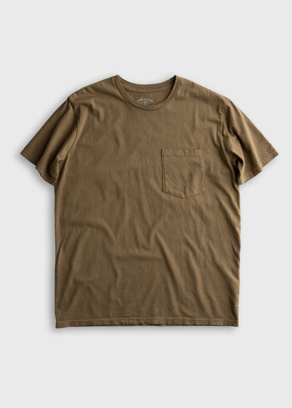 Brown T-shirt with a chest pocket, laid flat on a white background, showcasing its casual style and simple design.