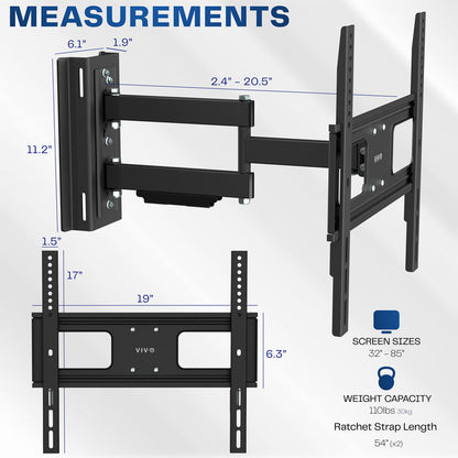 Outdoor Full Motion 32" to 85" Gazebo TV Mount Measurements and Specifications.