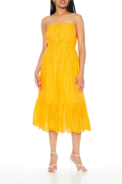 Strapless Eyelet Bow Midi Dress