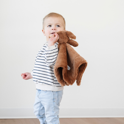 A little boy holds a dog stuffed animal lovey. This children's toy offers children comfort that is just their size. This lovey is a great gift for kids, baby gift, or addition to a nursery.
