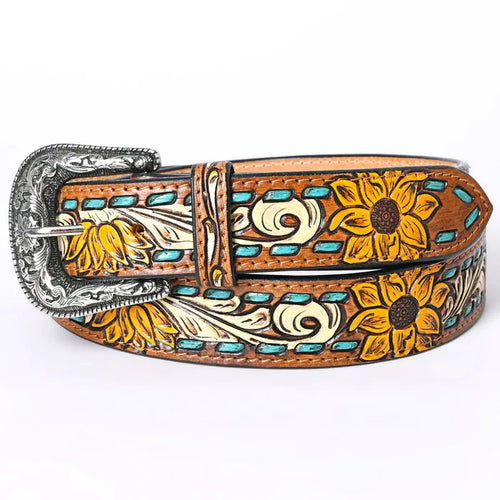 Sunflower Tooled Leather Belt with Teal Whipstitch and Silver Buckle