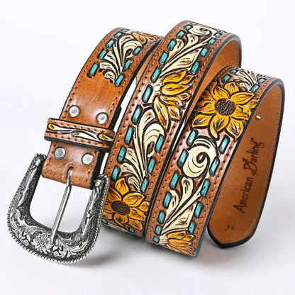 Sunflower Tooled Leather Belt with Teal Whipstitch and Silver Buckle