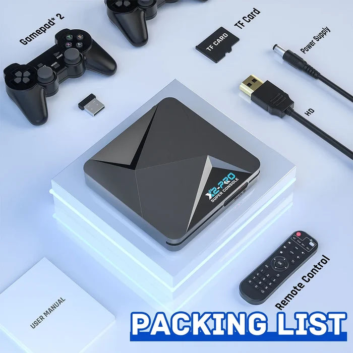 Super console X2 PRO packing list: Console, hdmi cable, two controllers, tf card and remote