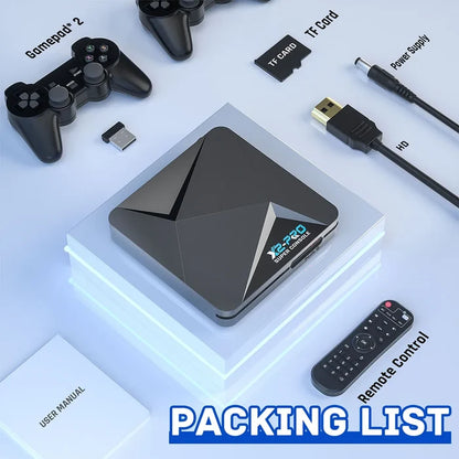 Super console X2 PRO packing list: Console, hdmi cable, two controllers, tf card and remote