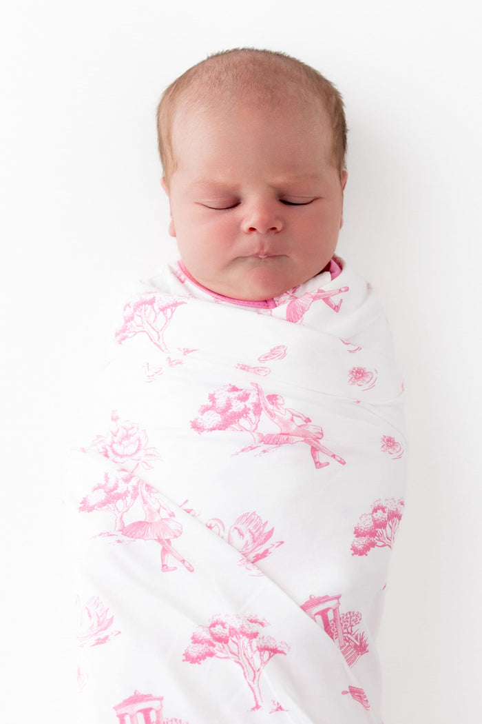 Close up of sleeping newborn swaddled in the Swaddle Blanket in Toile Ballet